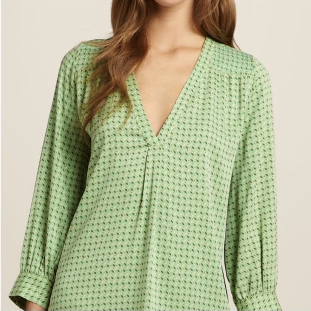 JOIE Women's Silk Green Minimalist Print V-Neck Popover Blouse Size Small